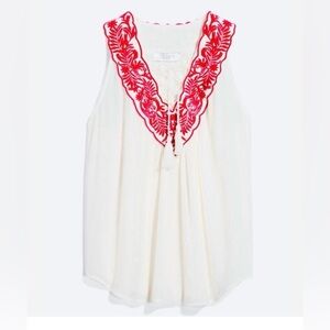✨NWT✨Clarte [Stitch Fix] | Red/Off-White Linley Embroidered Tassel Tie Top Sz Lg